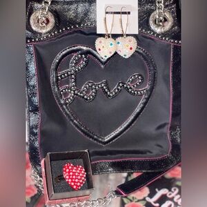 Betsy Johnson Bundle. Black patent crossbody, earrings, pearl heart ring. NWOT
